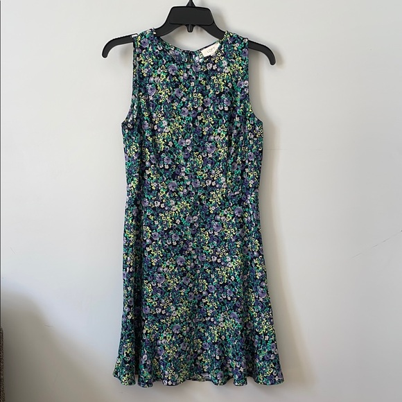 LOFT Outlet Floral Fit & Flare Dress Sz 4 Black Green Purple Keyhole Back - Picture 1 of 10
